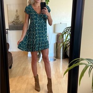 Green Teal Flowy Floral Mini Dress